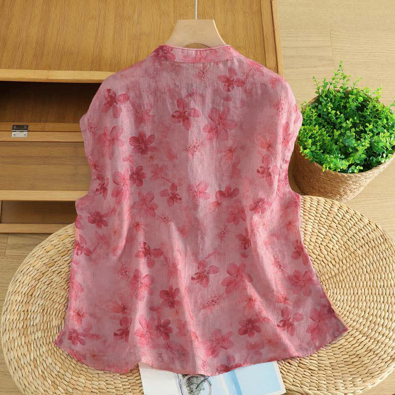 Nimara Ritual Summer Tang Style Casual Mandarin Collar Pink Floral Tank Top Women's Sleeveless Shirts