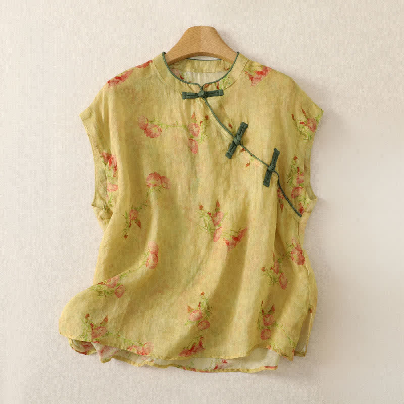 Nimara Ritual Summer Tang Style Vintage Mandarin Collar Pink Flowers Tank Top Women's Sleeveless Shirts