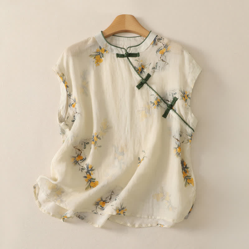 Nimara Ritual Summer Tang Style Vintage Mandarin Collar Yellow Loquat Floral Tank Top Women's Sleeveless Shirts