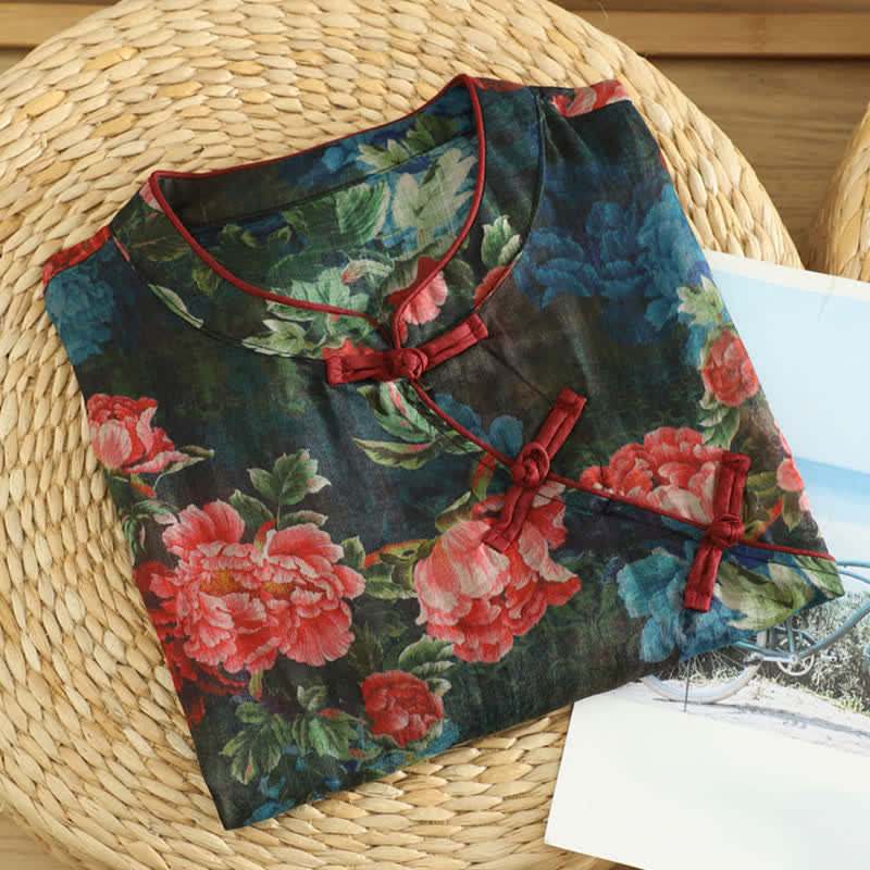 Nimara Ritual Summer Tang Style Vintage Frog Button Orchid Floral Women's Sleeveless Shirts Tank Top