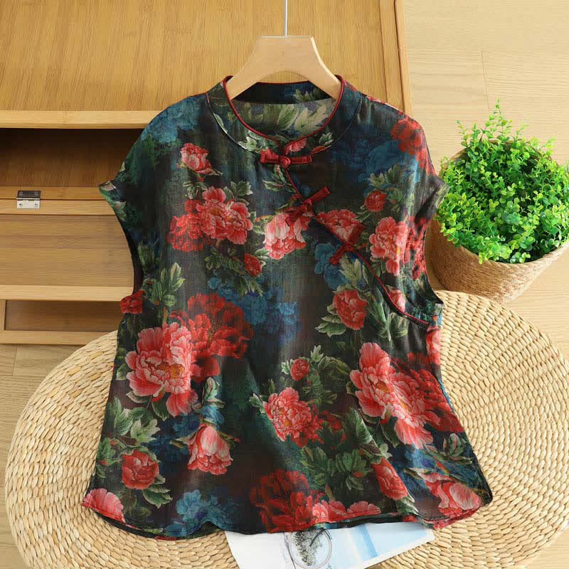 Nimara Ritual Summer Tang Style Vintage Frog Button Orchid Floral Women's Sleeveless Shirts Tank Top