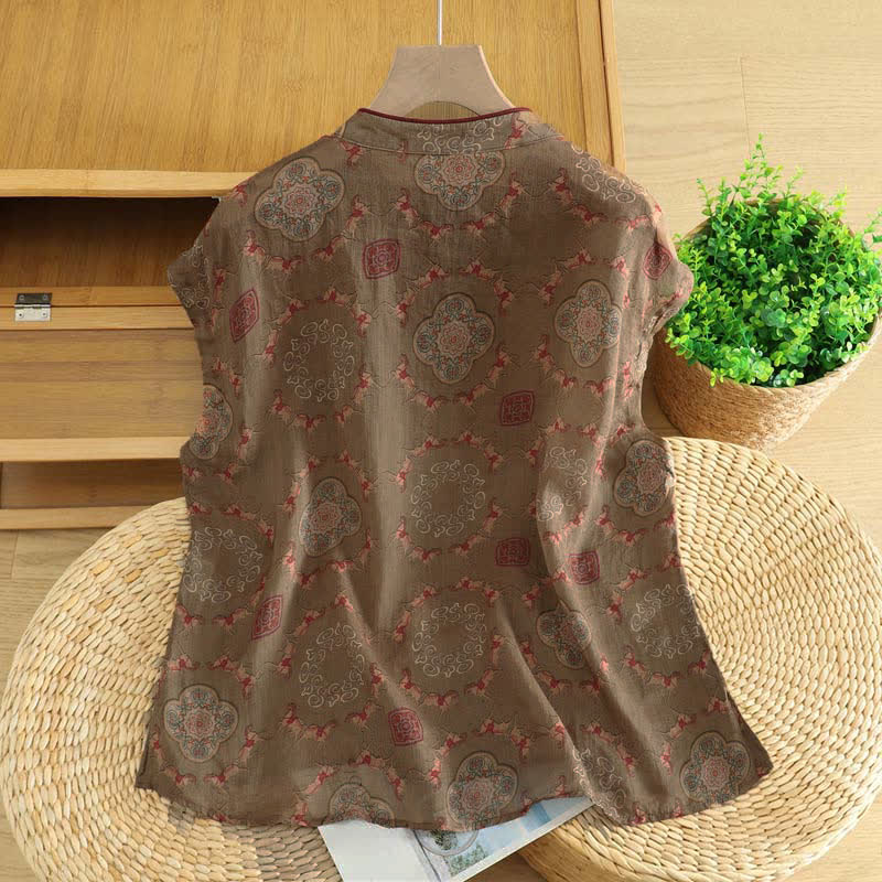 Nimara Ritual Summer Tang Style Vintage Frog Button Orchid Floral Women's Sleeveless Shirts Tank Top