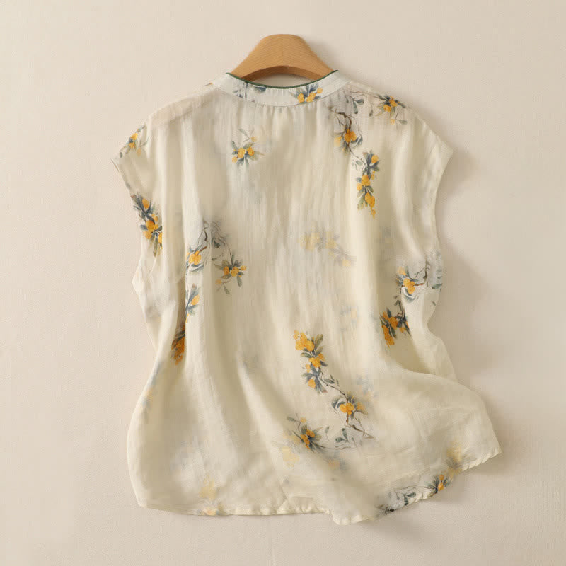 Nimara Ritual Summer Tang Style Vintage Frog Button Orchid Floral Women's Sleeveless Shirts Tank Top
