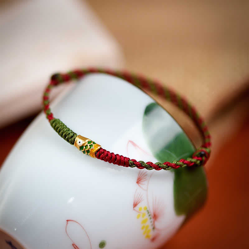 Nimara Ritual 999 Gold Braided Colorful Red Green String Koi Fish Luck Bracelet Anklet