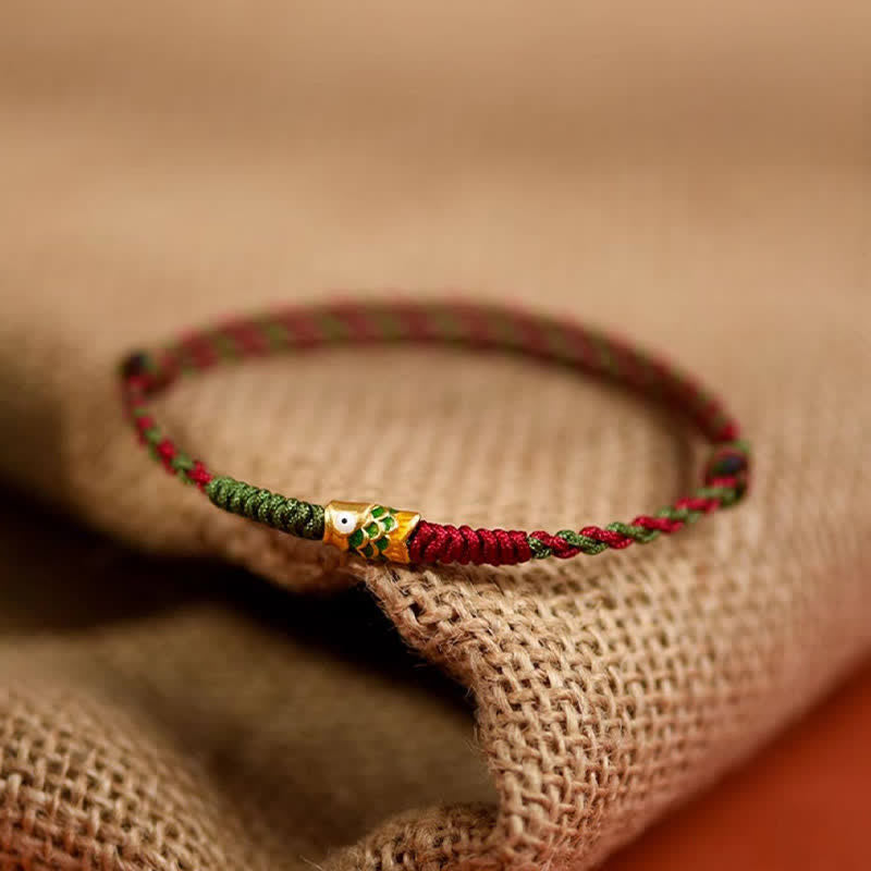 Nimara Ritual 999 Gold Braided Colorful Red Green String Koi Fish Luck Bracelet Anklet