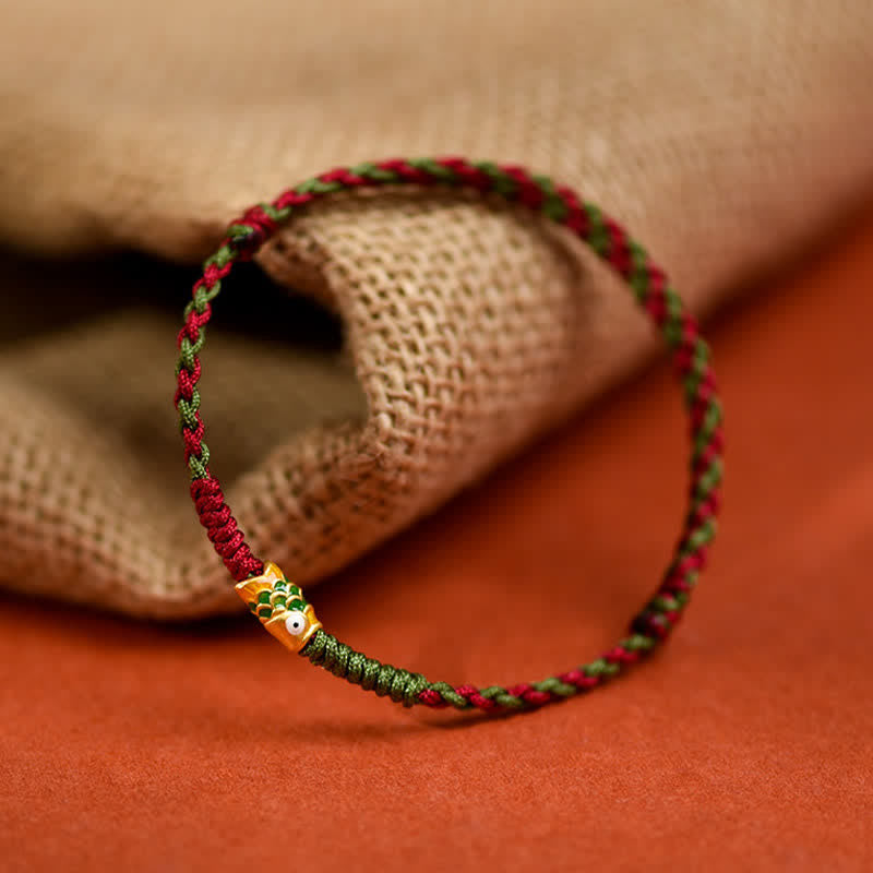 Nimara Ritual 999 Gold Braided Colorful Red Green String Koi Fish Luck Bracelet Anklet