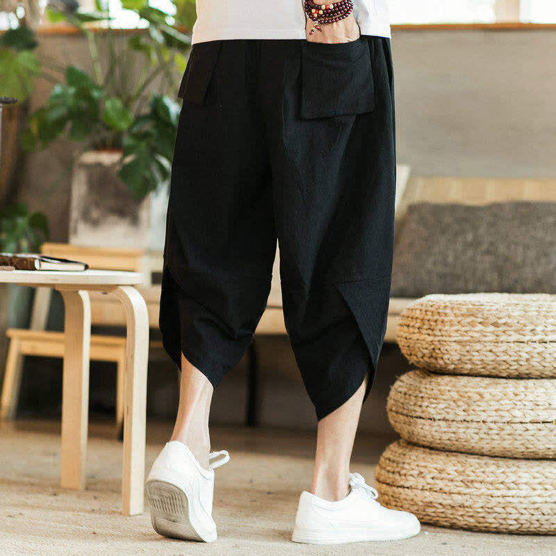 Nimara Ritual Summer Casual Vintage Drawstring Crane Print Capri Pants Men's Harem Pants With Pocket