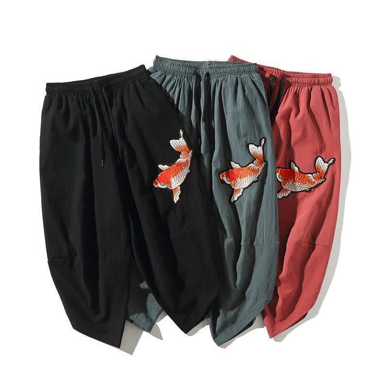 Nimara Ritual Summer Tang Style Drawstring Koi Fish Capri Pants Men's Harem Pants With Pocket