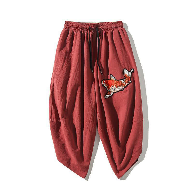 Nimara Ritual Summer Tang Style Drawstring Koi Fish Capri Pants Men's Harem Pants With Pocket