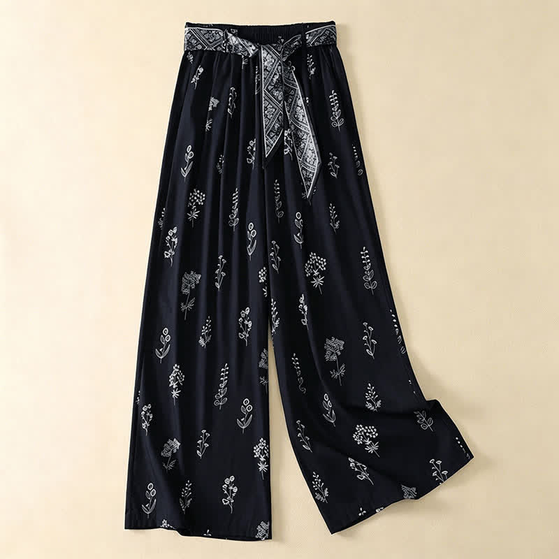 Nimara Ritual Summer Casual Vintage Drawstring Floral Ankle Pants Women's Wide Leg Pants With Pocket