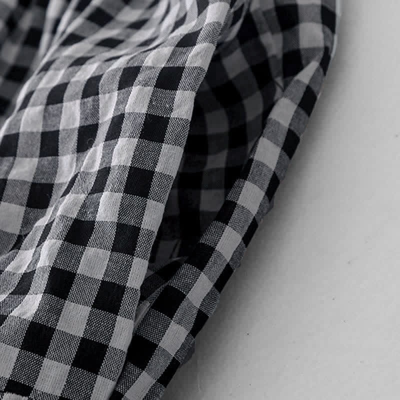 Nimara Ritual Summer Vintage Plaid V-Neck Women's Short Sleeve Dress With Pocket