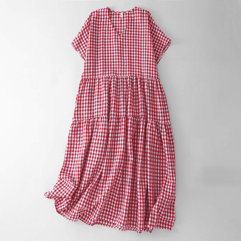 Nimara Ritual Summer Vintage Plaid V-Neck Women's Short Sleeve Dress With Pocket