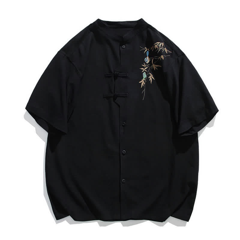 Nimara Ritual Summer Tang Style Mandarin Collar Frog Button Leaf Embroidery Men's Short Sleeve Shirts