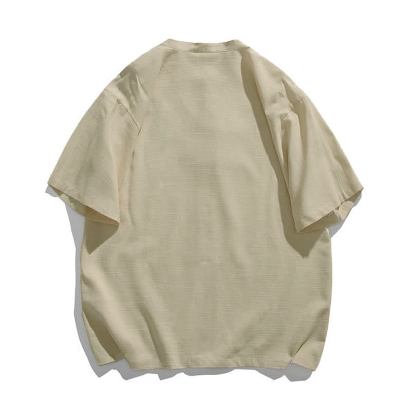 Nimara Ritual Summer Tang Style Mandarin Collar Frog Button Leaf Embroidery Men's Short Sleeve Shirts