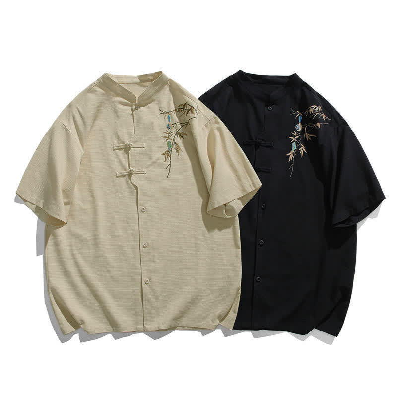 Nimara Ritual Summer Tang Style Mandarin Collar Frog Button Leaf Embroidery Men's Short Sleeve Shirts