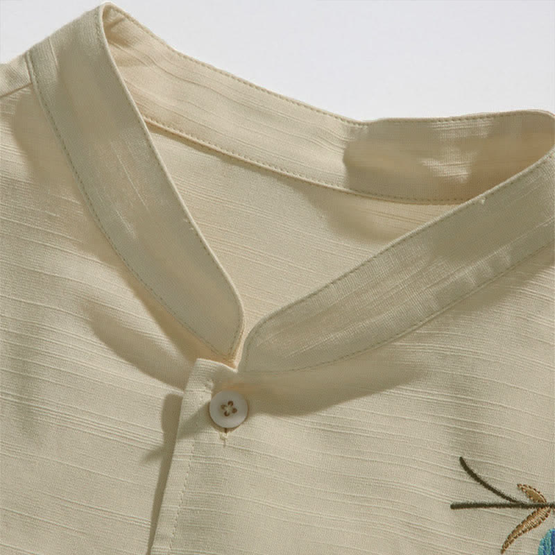 Nimara Ritual Summer Tang Style Mandarin Collar Frog Button Leaf Embroidery Men's Short Sleeve Shirts