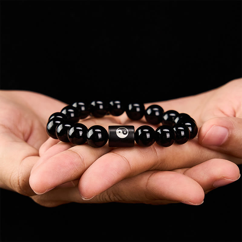 Nimara Ritual Ebony Wood Yin Yang Balance Inlaid Barrel Bead Bracelet