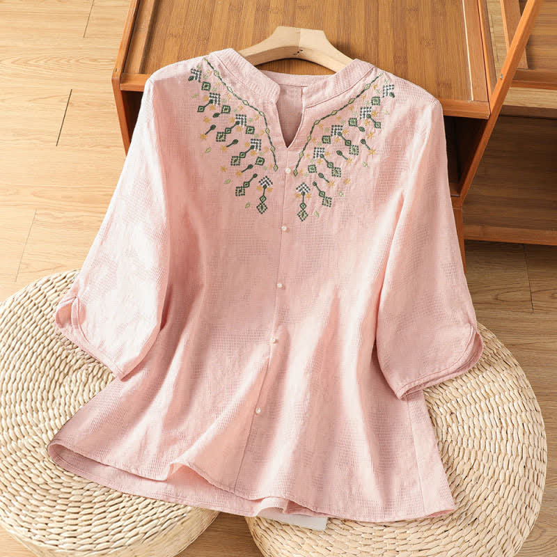 Nimara Ritual Summer Casual Boho Geometry Embroidery Floral V-Neck Women's Three-Quarter Sleeve Shirts