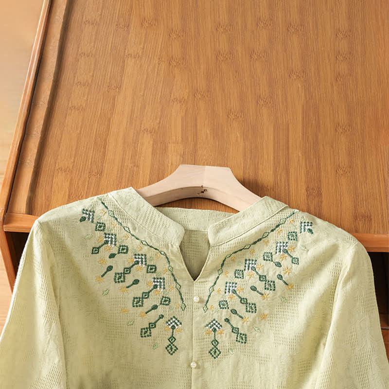 Nimara Ritual Summer Casual Boho Geometry Embroidery Floral V-Neck Women's Three-Quarter Sleeve Shirts
