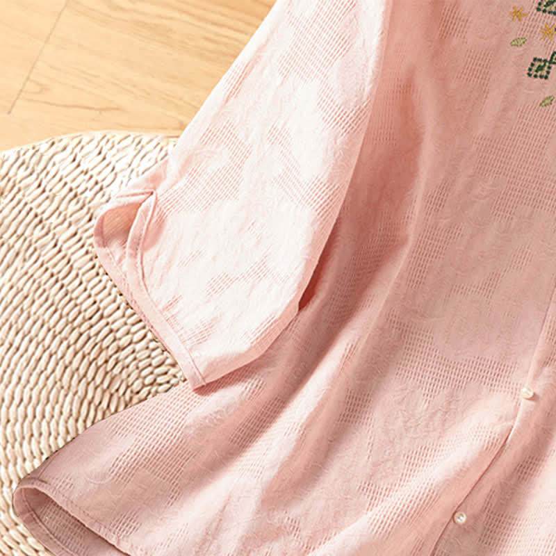 Nimara Ritual Summer Casual Boho Geometry Embroidery Floral V-Neck Women's Three-Quarter Sleeve Shirts