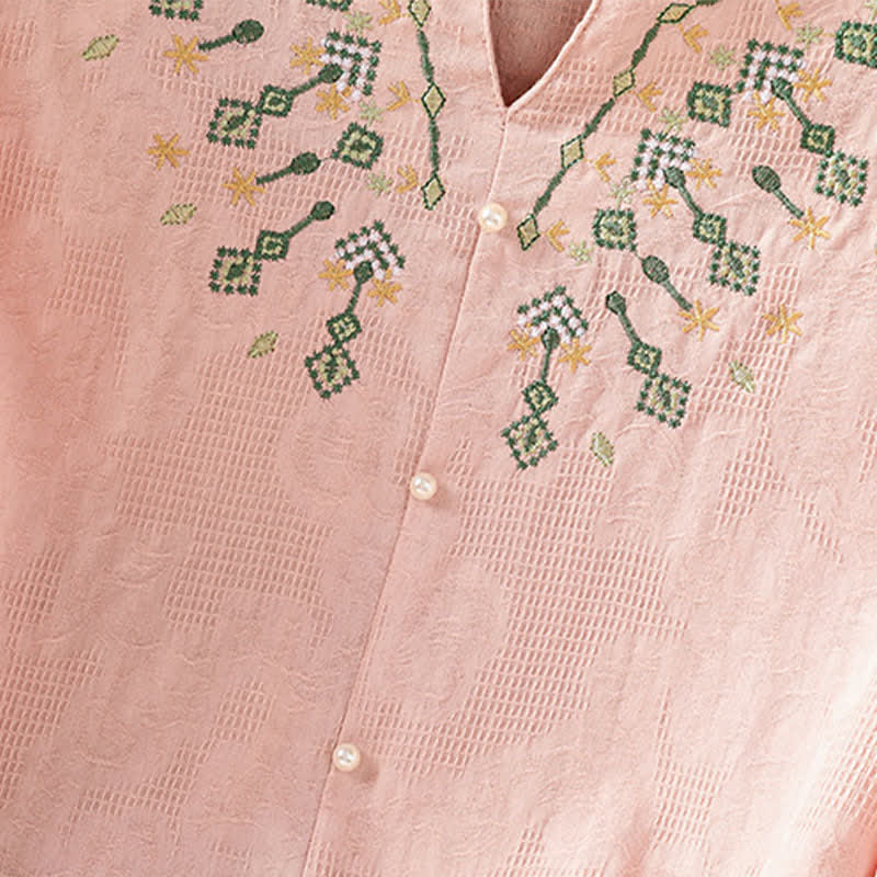 Nimara Ritual Summer Casual Boho Geometry Embroidery Floral V-Neck Women's Three-Quarter Sleeve Shirts
