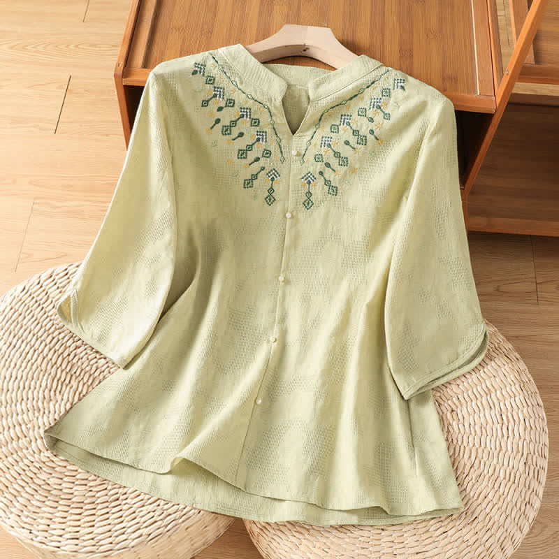 Nimara Ritual Summer Casual Boho Geometry Embroidery Floral V-Neck Women's Three-Quarter Sleeve Shirts