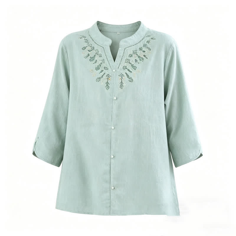 Nimara Ritual Summer Casual Boho Geometry Embroidery Floral V-Neck Women's Three-Quarter Sleeve Shirts