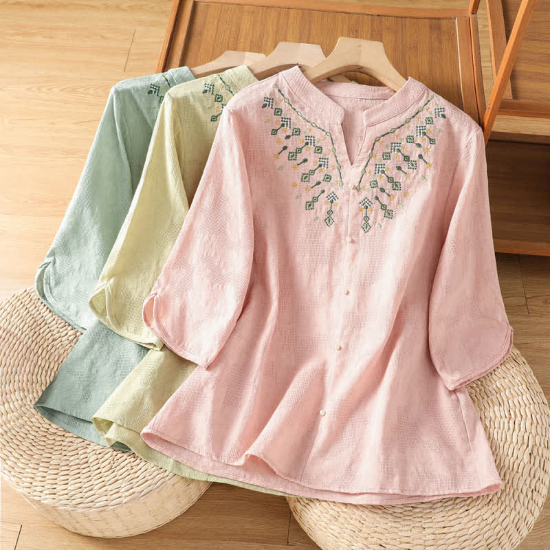 Nimara Ritual Summer Casual Boho Geometry Embroidery Floral V-Neck Women's Three-Quarter Sleeve Shirts
