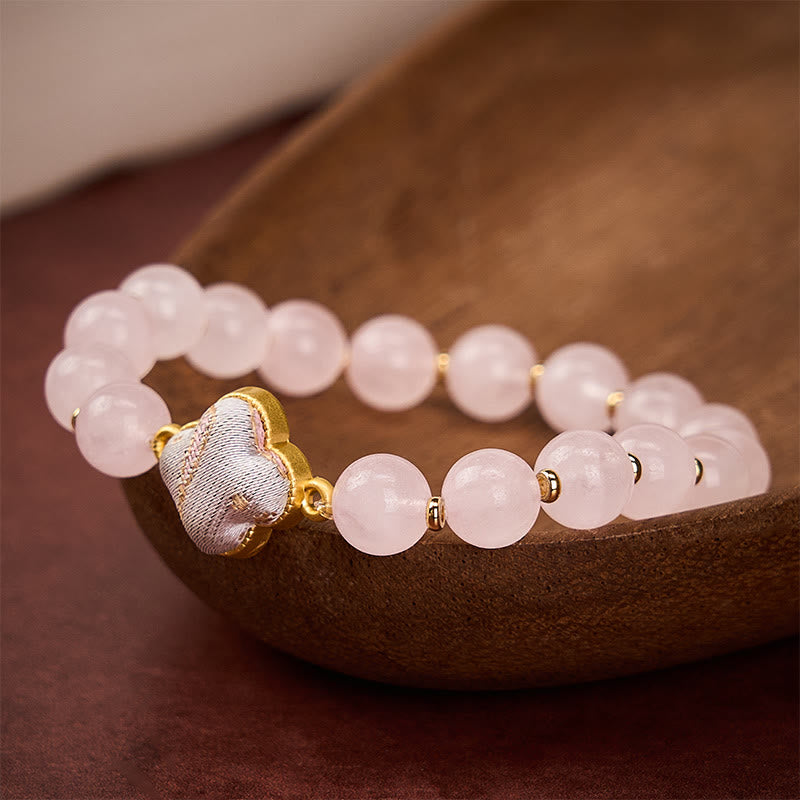 Nimara Ritual Rose Quartz Song Brocade Four-leaf Clover Blessing Handmade Charm Bracelet