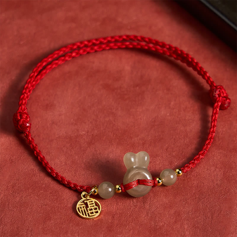 Nimara Ritual Hetian Jade Rabbit-Head Peace Buckle Fu Character Grounding Red String Vintage Bracelet