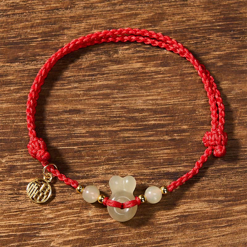 Nimara Ritual Hetian Jade Rabbit-Head Peace Buckle Fu Character Grounding Red String Vintage Bracelet
