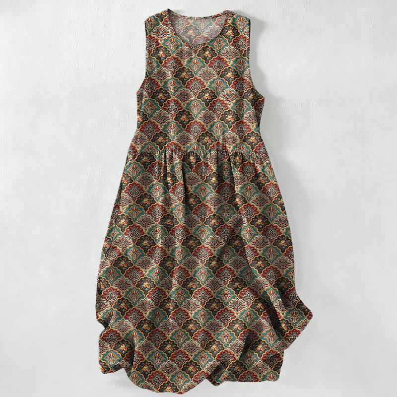 Nimara Ritual Summer Casual Vintage Persian Floral Pattern Women's Summer Sleeveless Midi Dress With Pockets