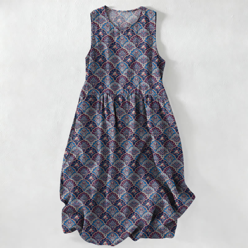 Nimara Ritual Summer Casual Vintage Persian Floral Pattern Women's Summer Sleeveless Midi Dress With Pockets