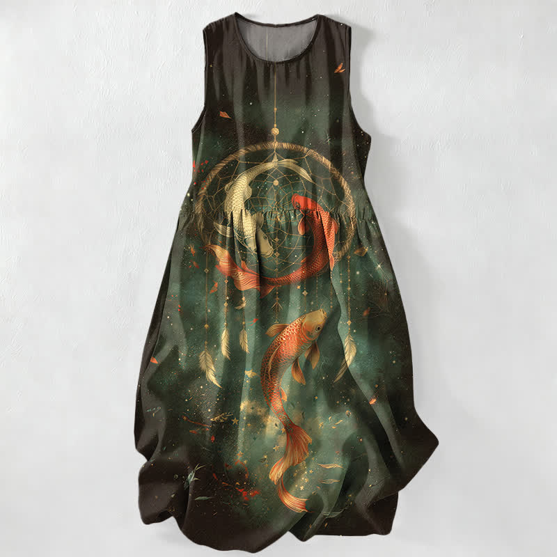 Nimara Ritual Summer Casual Twin Koi Fish Feather Pattern Women's Summer Sleeveless Midi Dress With Pockets