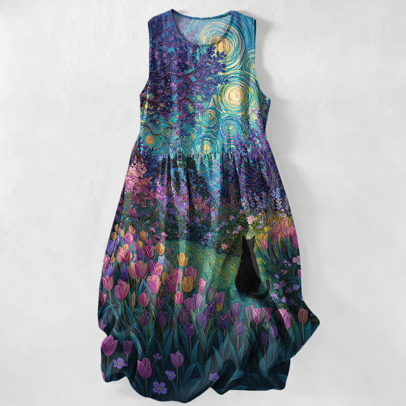 Nimara Ritual Summer Casual Oil Painting Style Floral Swirl With Black Cat Pattern Women's Summer Sleeveless Midi Dress With Pockets