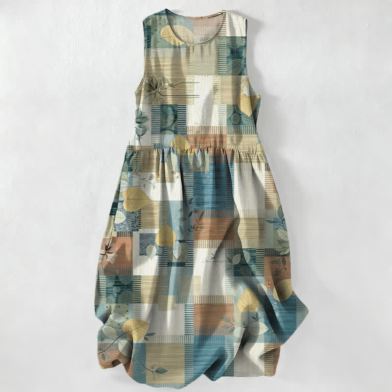 Nimara Ritual Summer Casual Patchwork Leaf Geometric Pattern Women's Summer Sleeveless Midi Dress With Pockets