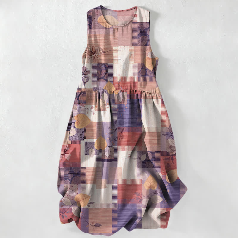 Nimara Ritual Summer Casual Patchwork Leaf Geometric Pattern Women's Summer Sleeveless Midi Dress With Pockets