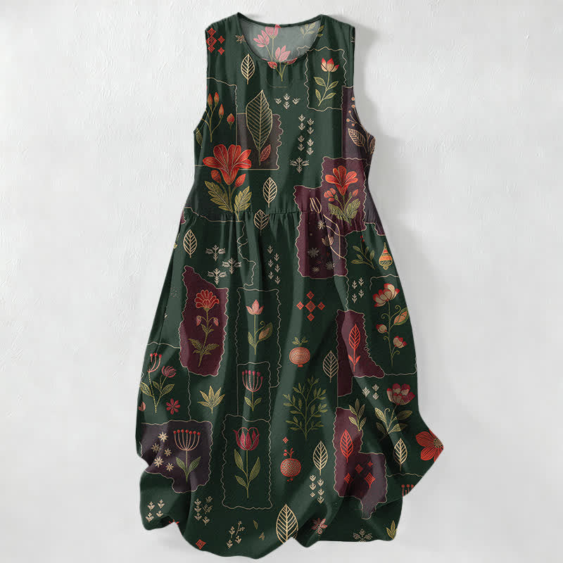 Nimara Ritual Summer Casual Vintage Floral Patchwork Leaves Pattern Women's Summer Sleeveless Midi Dress With Pockets