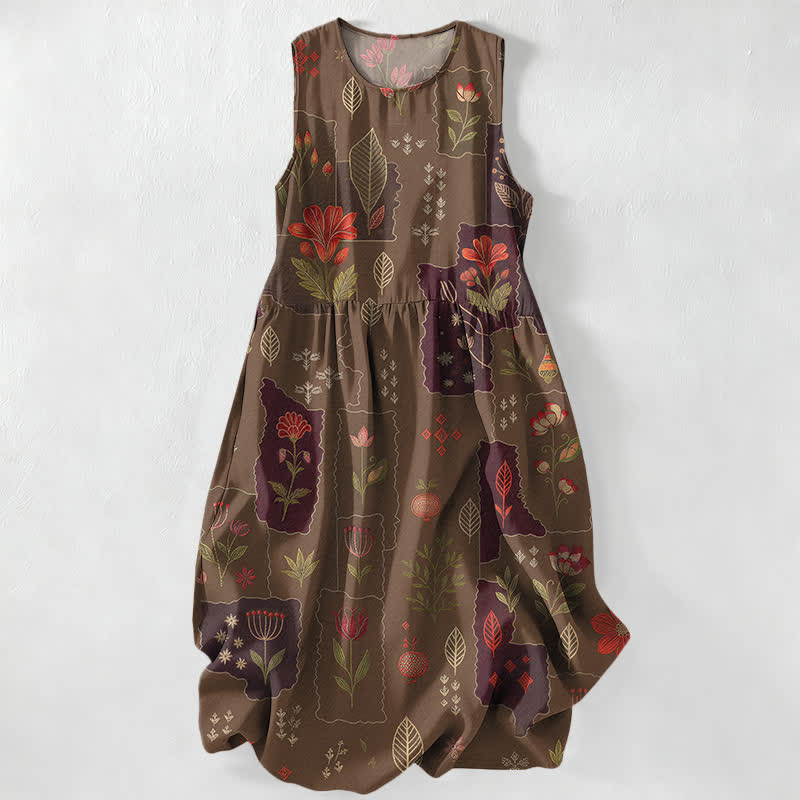 Nimara Ritual Summer Casual Vintage Floral Patchwork Leaves Pattern Women's Summer Sleeveless Midi Dress With Pockets