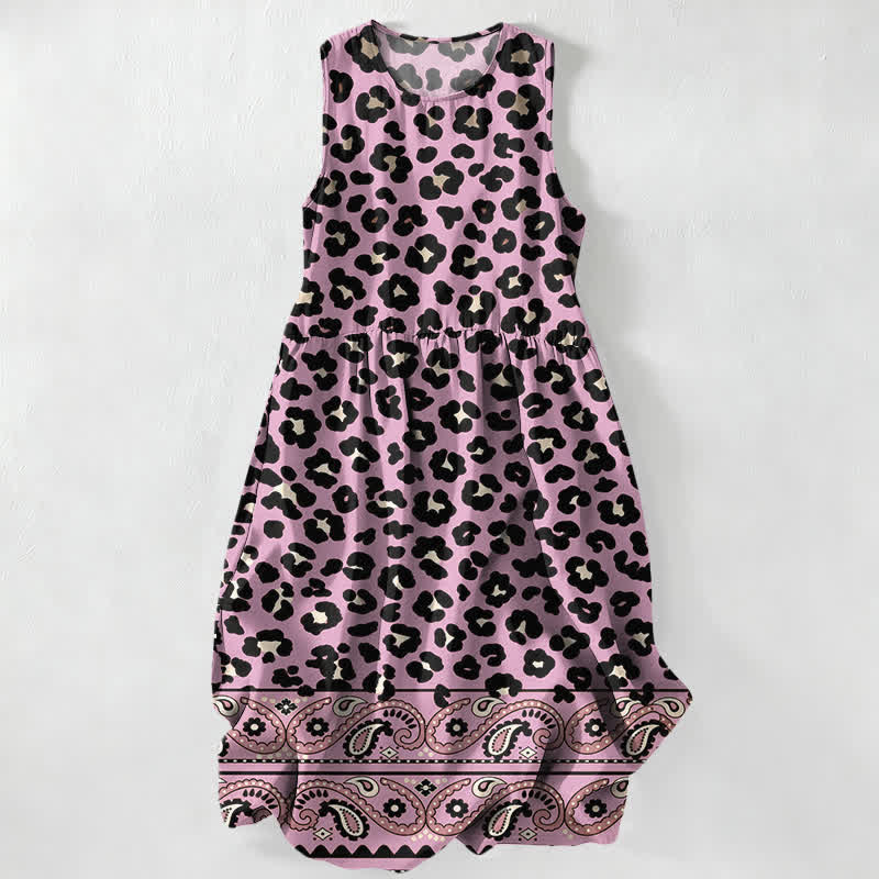 Nimara Ritual Summer Casual Vintage Leopard Paisley Border Pattern Women's Summer Sleeveless Midi Dress With Pockets