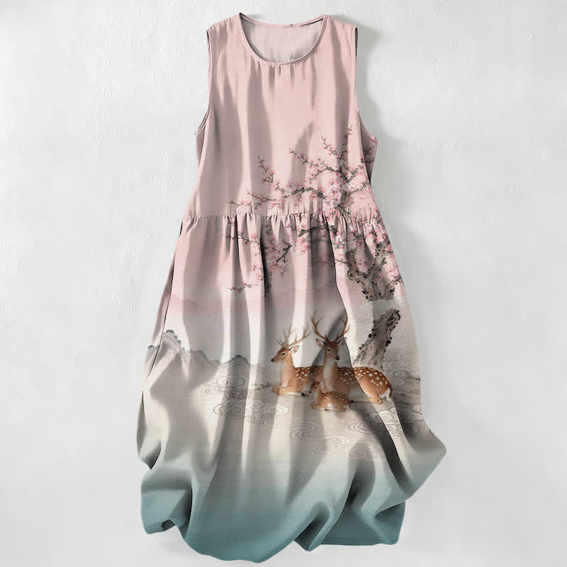 Nimara Ritual Summer Casual Peach Blossom Tree Sika Deer Landscape Pattern Women's Summer Sleeveless Midi Dress With Pockets