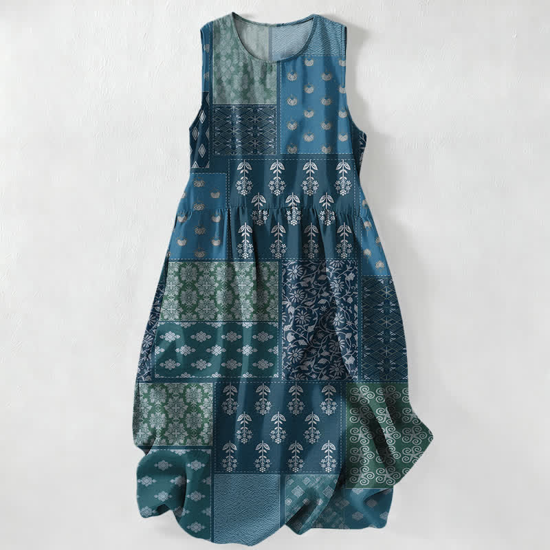 Nimara Ritual Summer Casual Vintage Patchwork Floral Leaves Pattern Women's Summer Sleeveless Midi Dress With Pockets
