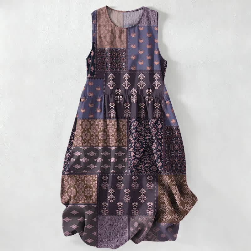 Nimara Ritual Summer Casual Vintage Patchwork Floral Leaves Pattern Women's Summer Sleeveless Midi Dress With Pockets