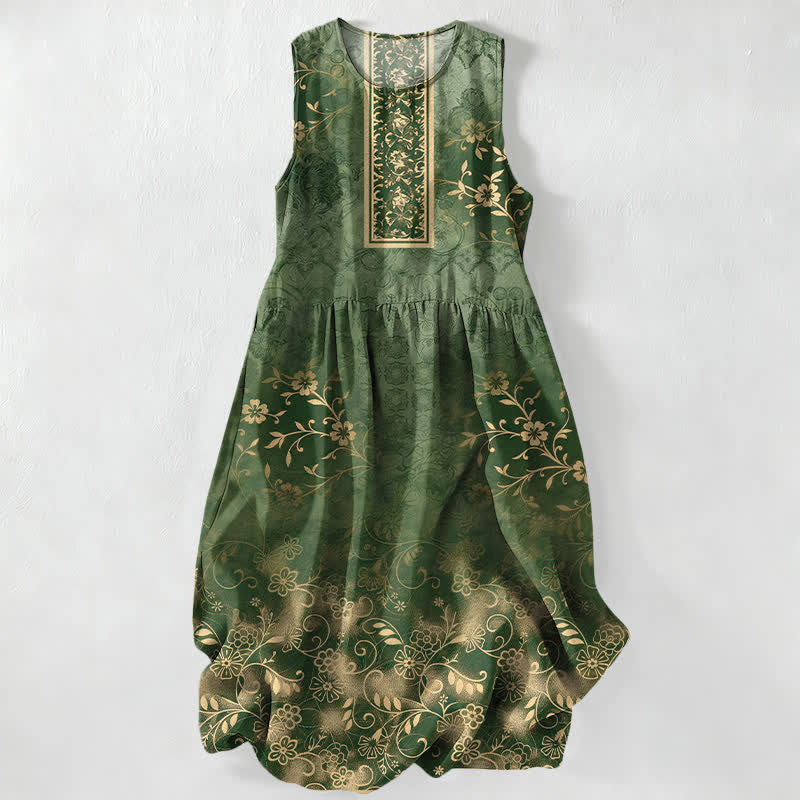 Nimara Ritual Summer Casual Vintage Floral Vine Pattern Women's Summer Sleeveless Midi Dress With Pockets