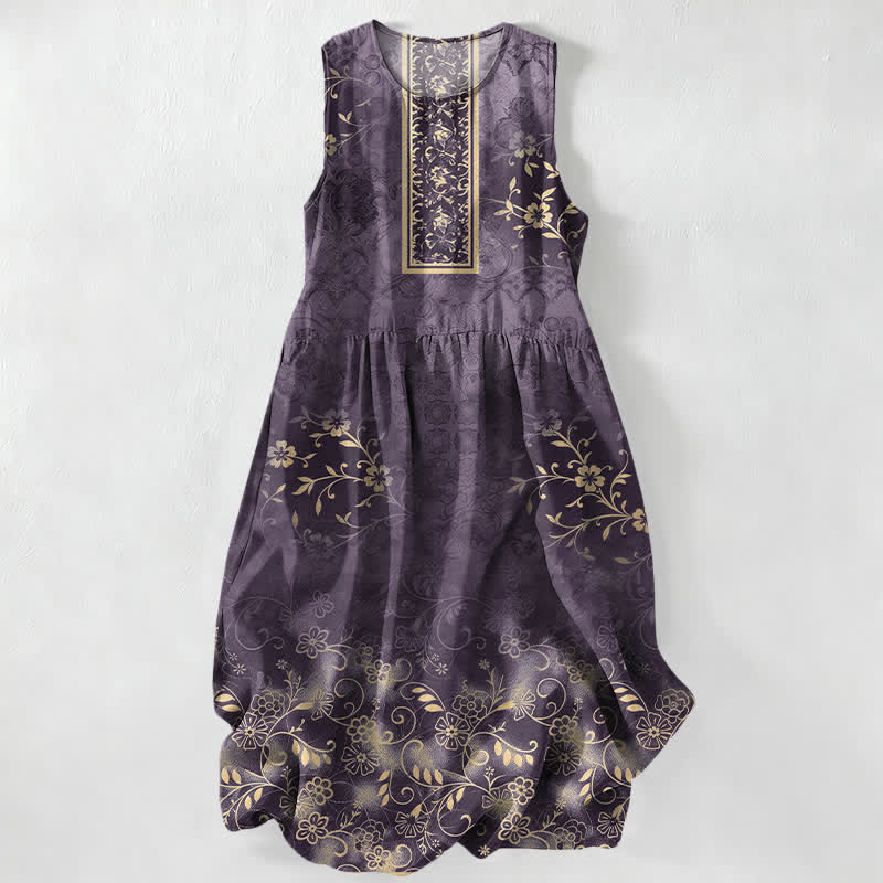 Nimara Ritual Summer Casual Vintage Floral Vine Pattern Women's Summer Sleeveless Midi Dress With Pockets