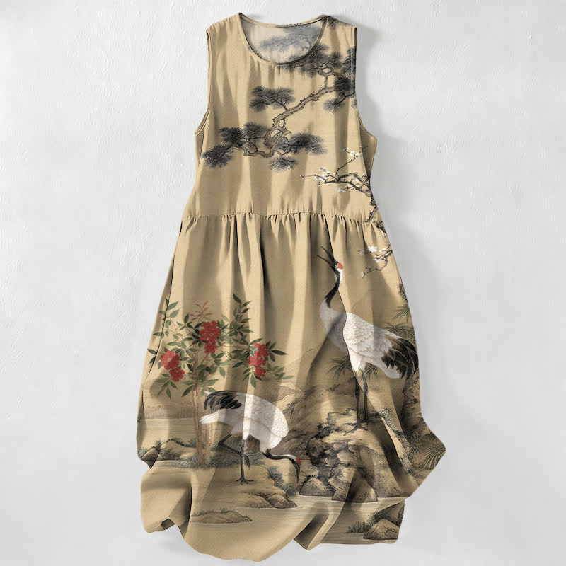 Nimara Ritual Summer Casual Red Flower Crane Plum Blossom Pine Branches Pattern Women's Summer Sleeveless Midi Dress With Pockets
