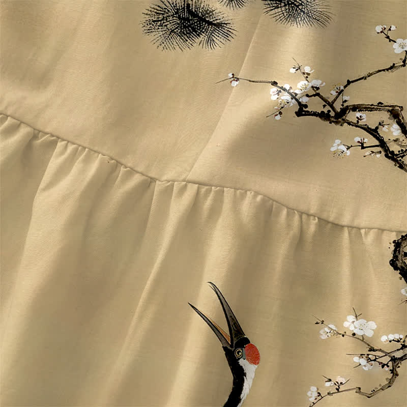 Nimara Ritual Summer Casual Red Flower Crane Plum Blossom Pine Branches Pattern Women's Summer Sleeveless Midi Dress With Pockets