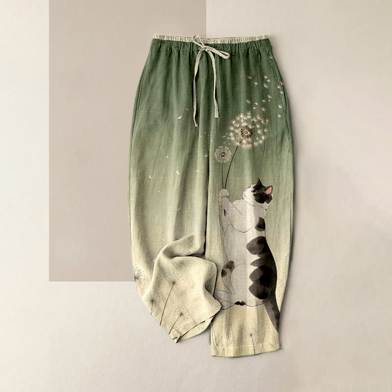 Nimara Ritual Pure Cotton Dreamy Cow Cat Dandelion Pattern Women's Elastic Waist Pants With Pockets