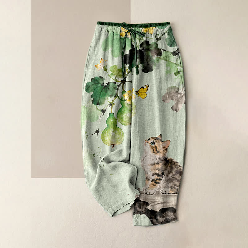 Nimara Ritual Pure Cotton Gourd Vines Yellow Butterfly Cat Pattern Women's Elastic Waist Pants With Pockets