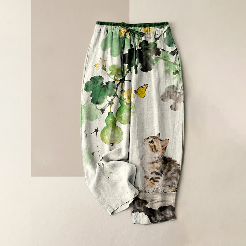 Nimara Ritual Pure Cotton Gourd Vines Yellow Butterfly Cat Pattern Women's Elastic Waist Pants With Pockets